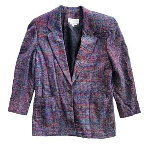 Emil Rutenberg Women XS Blue Purple Red Tweed 100% Hand Woven Silk Blazer Jacket